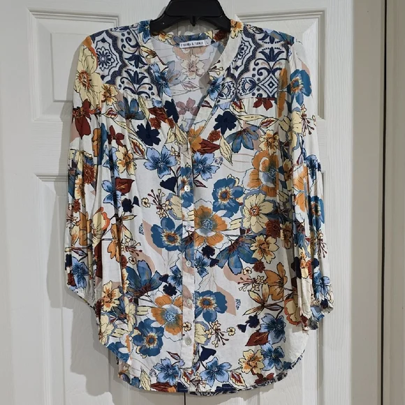 EUC-Floral Button-Up Blouse - Blue and Yellow - Picture 1 of 6